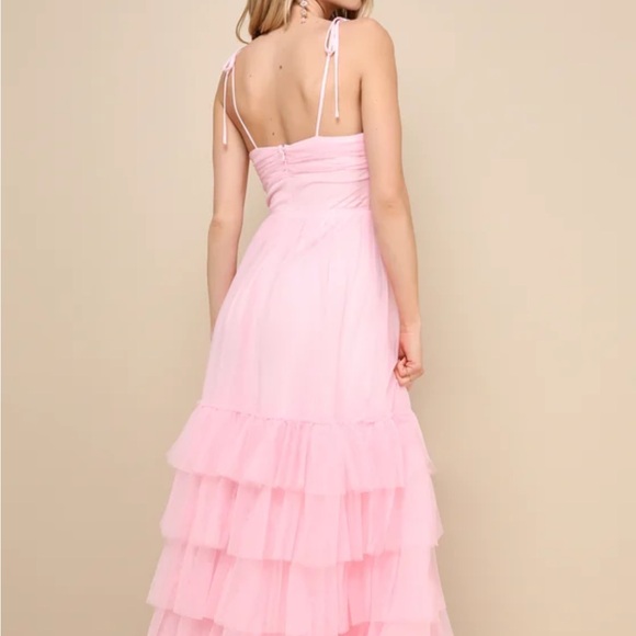 NWT Lulus Endlessly Darling Pink Mesh Tiered Tie-Strap Maxi Dress - Picture 4 of 4